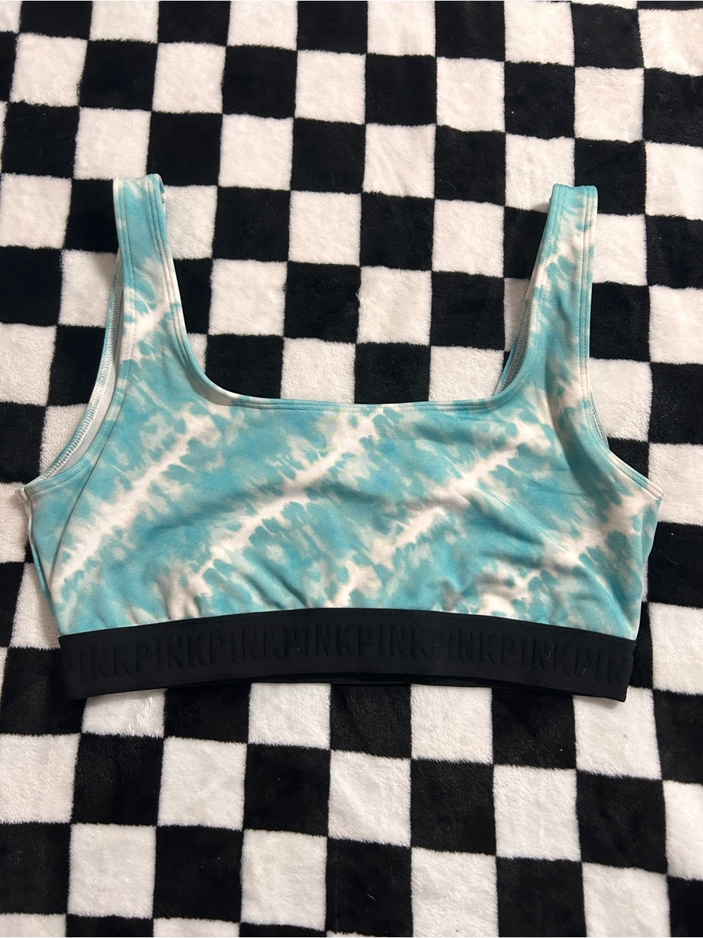 PINK Victoria's Secret Aqua Tie-Dye Scoop Sports Bra with Black Band